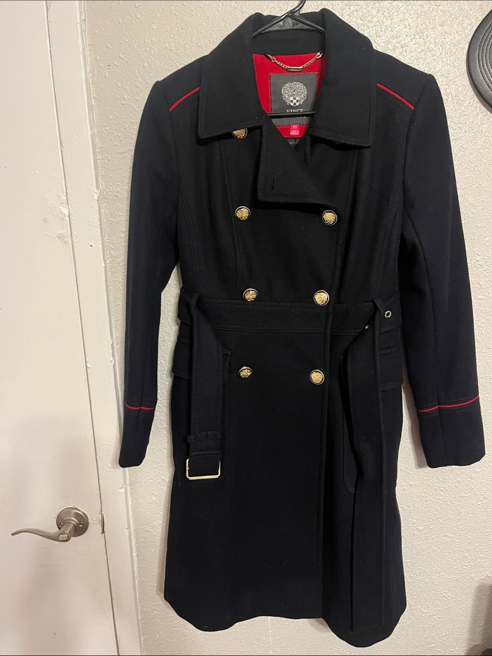 Vince Camuto Black Wool Double-Breasted Pea Coat with Red Trim